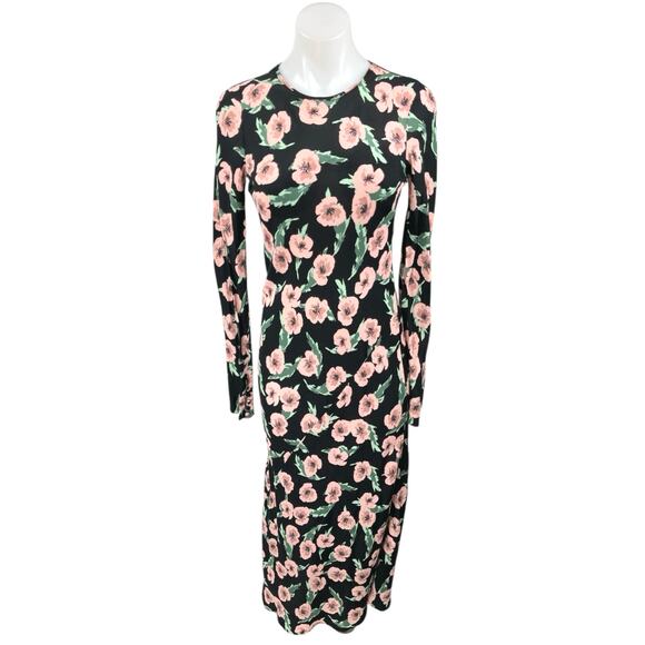 Zara Black Multicolor Floral Flower Long Sleeve Maxi Bodycon Mesh Dress Sz S - Picture 3 of 7
